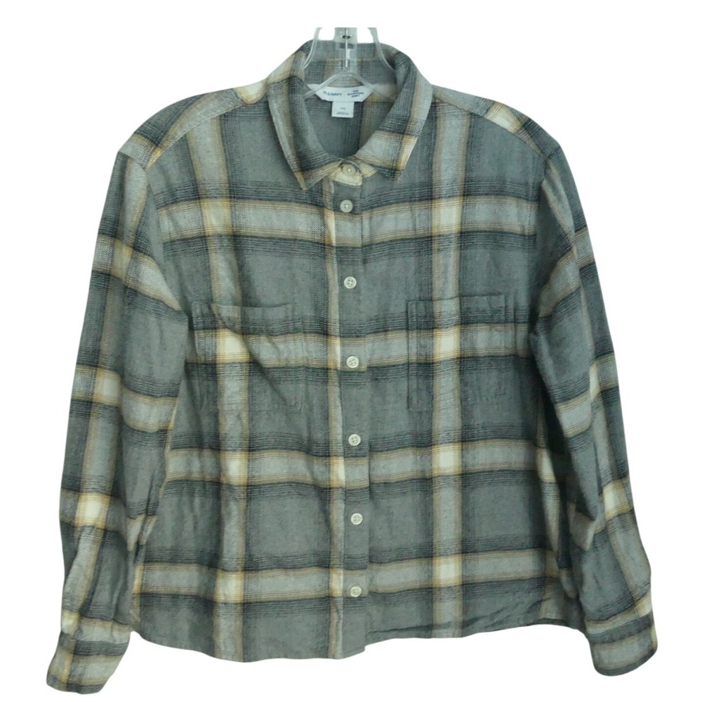 Old Navy The Boyfriend Shirt Gray Plaid Flannel Button Down Cotton XS Boxy